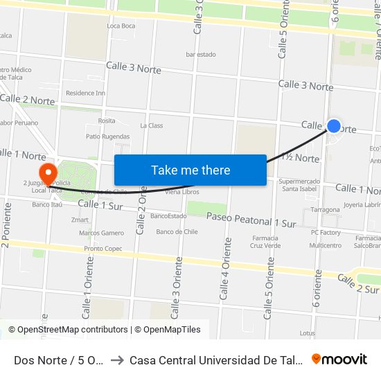 Dos Norte / 5 Ote to Casa Central Universidad De Talca map