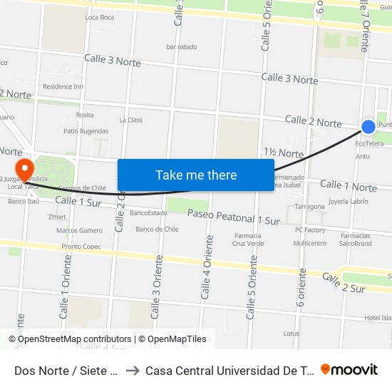 Dos Norte / Siete Ote to Casa Central Universidad De Talca map