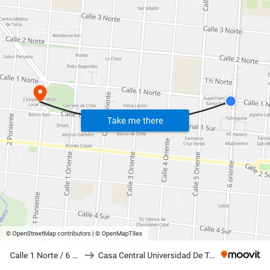 Calle 1 Norte / 6 Ote to Casa Central Universidad De Talca map