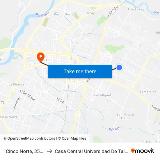 Cinco Norte, 3555 to Casa Central Universidad De Talca map