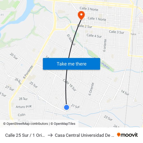 Calle 25 Sur / 1 Oriente to Casa Central Universidad De Talca map