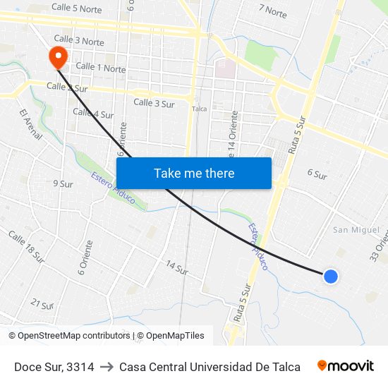 Doce Sur, 3314 to Casa Central Universidad De Talca map