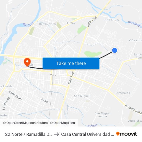 22  Norte / Ramadilla De Lircay to Casa Central Universidad De Talca map