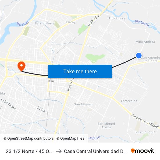 23 1/2 Norte / 45 Oriente to Casa Central Universidad De Talca map