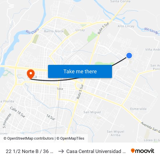 22 1/2 Norte B / 36 Oriente to Casa Central Universidad De Talca map