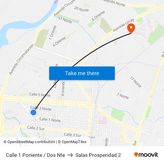 Calle 1 Poniente / Dos Nte to Salas Prosperidad 2 map