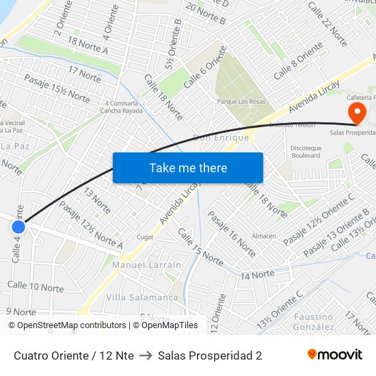 Cuatro Oriente / 12 Nte to Salas Prosperidad 2 map