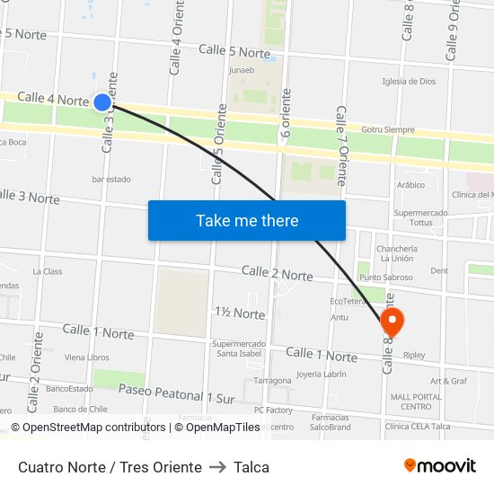 Cuatro Norte / Tres Oriente to Talca map