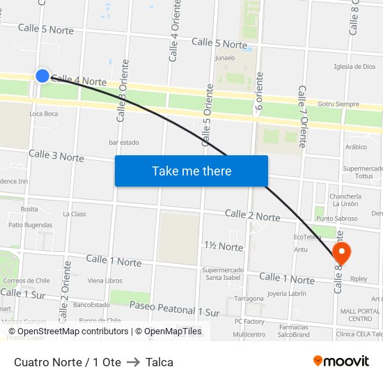 Cuatro Norte / 1 Ote to Talca map