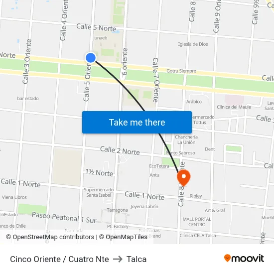 Cinco Oriente / Cuatro Nte to Talca map
