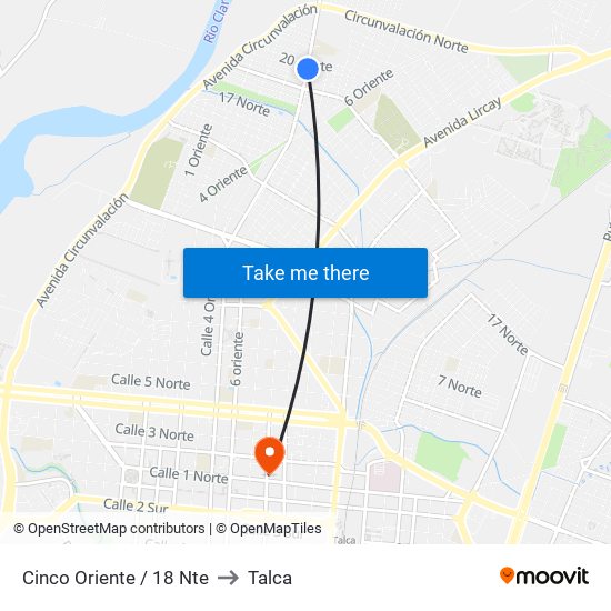 Cinco Oriente / 18 Nte to Talca map