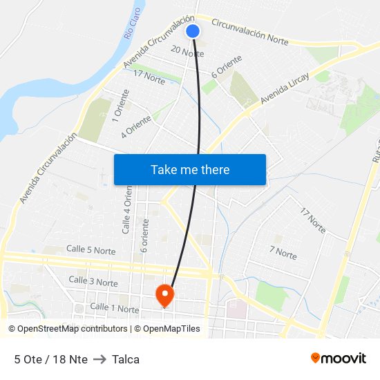 5 Ote / 18 Nte to Talca map