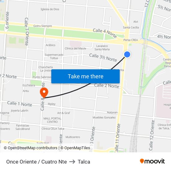 Once Oriente / Cuatro Nte to Talca map