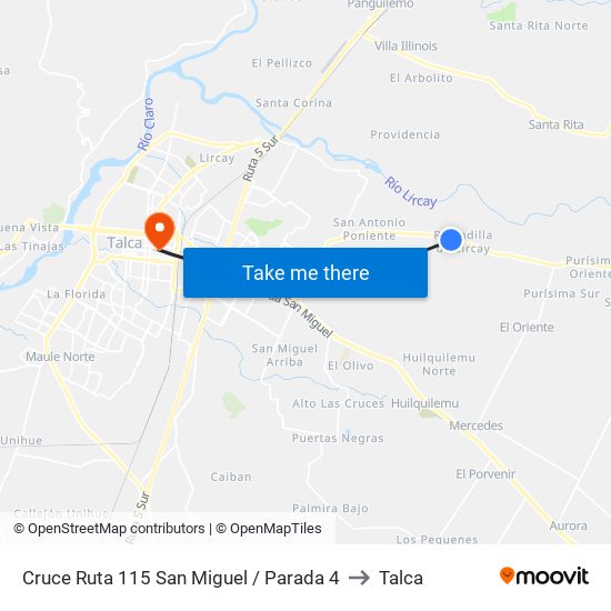 Cruce Ruta 115 San Miguel / Parada 4 to Talca map
