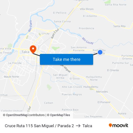 Cruce Ruta 115 San Miguel / Parada 2 to Talca map