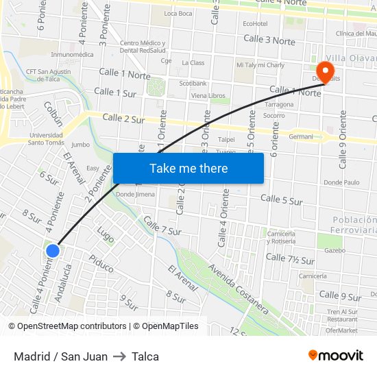 Madrid / San Juan to Talca map