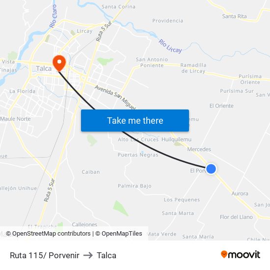 Ruta 115/ Porvenir to Talca map