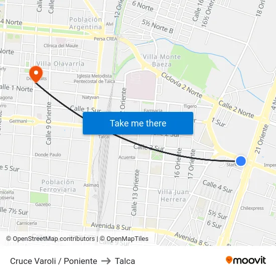 Cruce Varoli / Poniente to Talca map