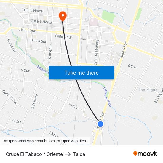 Cruce El Tabaco / Oriente to Talca map