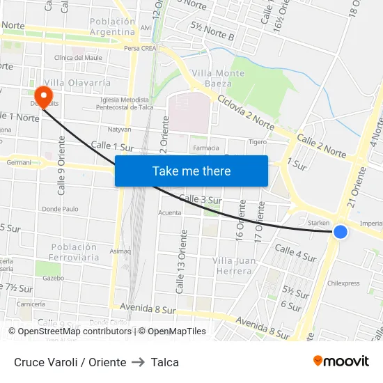 Cruce Varoli / Oriente to Talca map