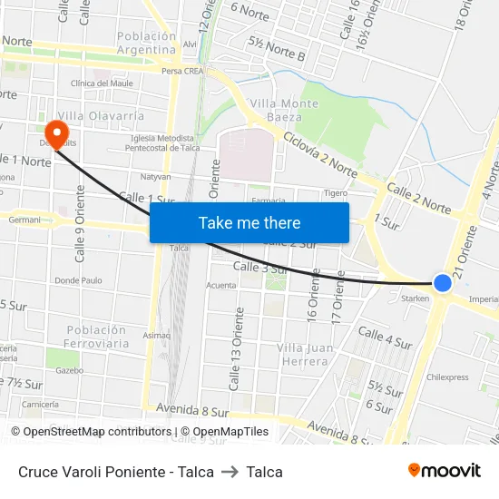 Cruce Varoli Poniente - Talca to Talca map