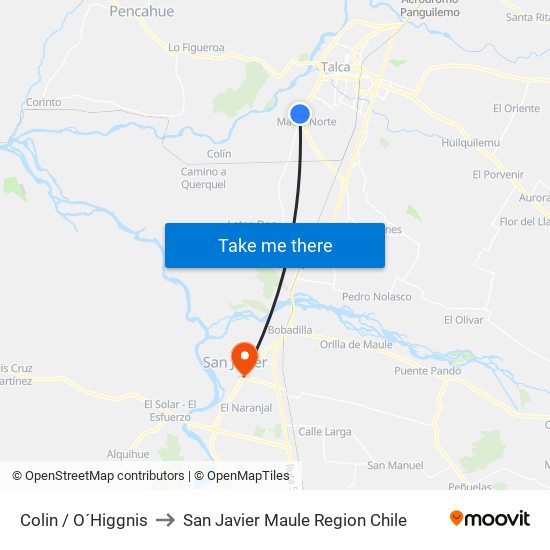 Colin / O´Higgnis to San Javier Maule Region Chile map