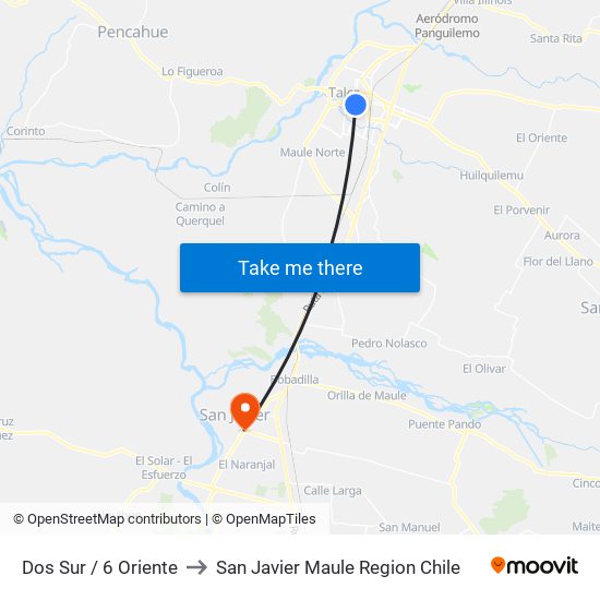 Dos Sur / 6 Oriente to San Javier Maule Region Chile map