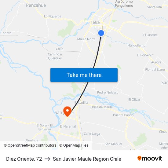 Diez Oriente, 72 to San Javier Maule Region Chile map