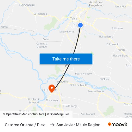 Catorce Oriente / Diez Sur to San Javier Maule Region Chile map