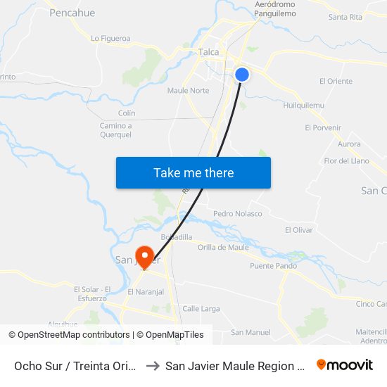 Ocho Sur / Treinta Oriente to San Javier Maule Region Chile map