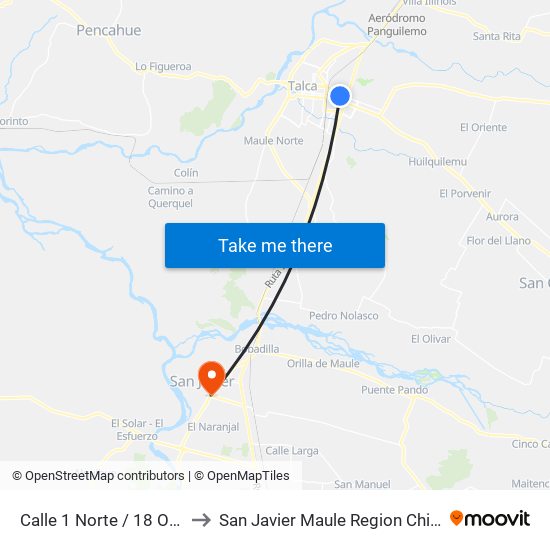 Calle 1 Norte / 18 Ote to San Javier Maule Region Chile map