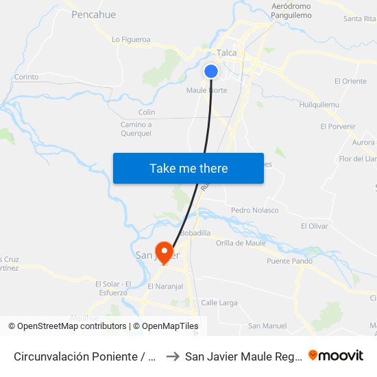 Circunvalación Poniente / Los Caquis to San Javier Maule Region Chile map