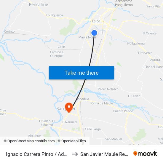 Ignacio Carrera Pinto / Adolfo Becker to San Javier Maule Region Chile map