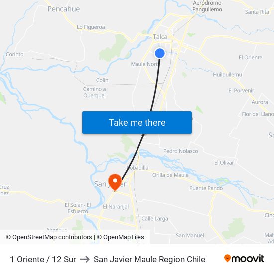 1 Oriente / 12 Sur to San Javier Maule Region Chile map