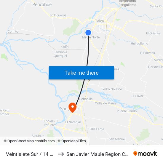 Veintisiete Sur / 14 Pte to San Javier Maule Region Chile map