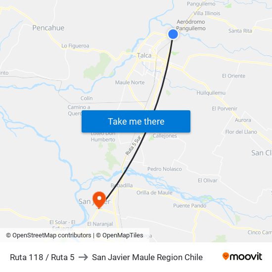 Ruta 118 / Ruta 5 to San Javier Maule Region Chile map