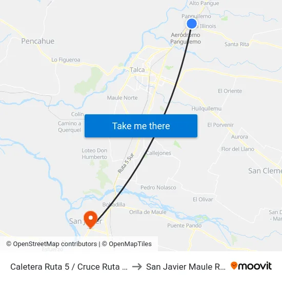 Caletera Ruta 5 / Cruce Ruta 5 (Panguilemo) to San Javier Maule Region Chile map