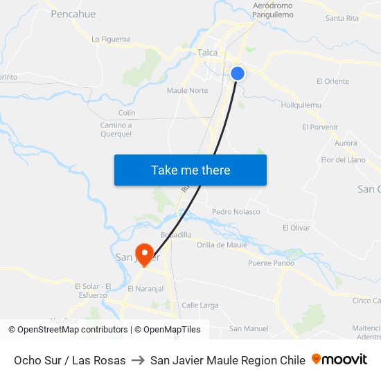 Ocho Sur / Las Rosas to San Javier Maule Region Chile map