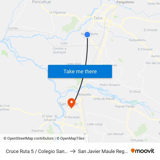 Cruce Ruta 5 / Colegio Santo Tomás to San Javier Maule Region Chile map