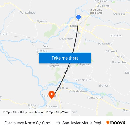 Diecinueve Norte C / Cinco 1/2 Ote to San Javier Maule Region Chile map