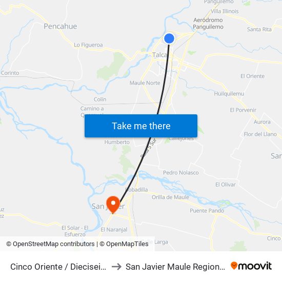 Cinco Oriente / Dieciseis Nte to San Javier Maule Region Chile map