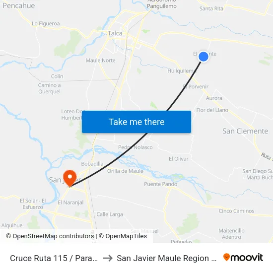 Cruce Ruta 115 / Parada 1 to San Javier Maule Region Chile map