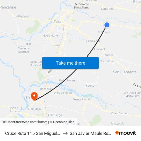 Cruce Ruta 115 San Miguel / Parada 1 to San Javier Maule Region Chile map