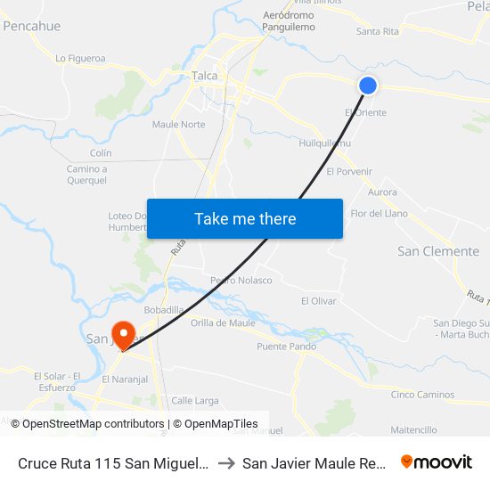 Cruce Ruta 115 San Miguel / Parada 2 to San Javier Maule Region Chile map