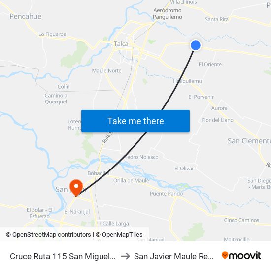 Cruce Ruta 115 San Miguel / Parada 3 to San Javier Maule Region Chile map