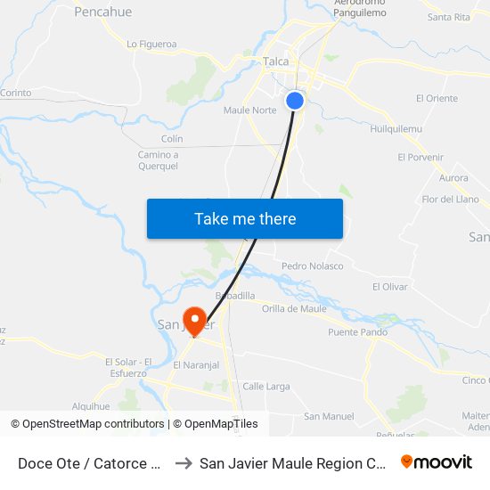 Doce Ote / Catorce Sur to San Javier Maule Region Chile map