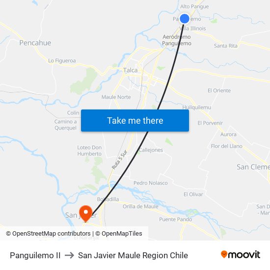 Panguilemo II to San Javier Maule Region Chile map