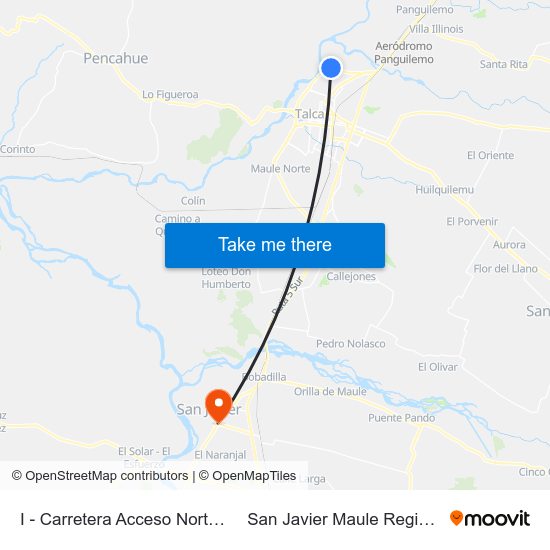 I - Carretera Acceso Norte / 5 Ote to San Javier Maule Region Chile map