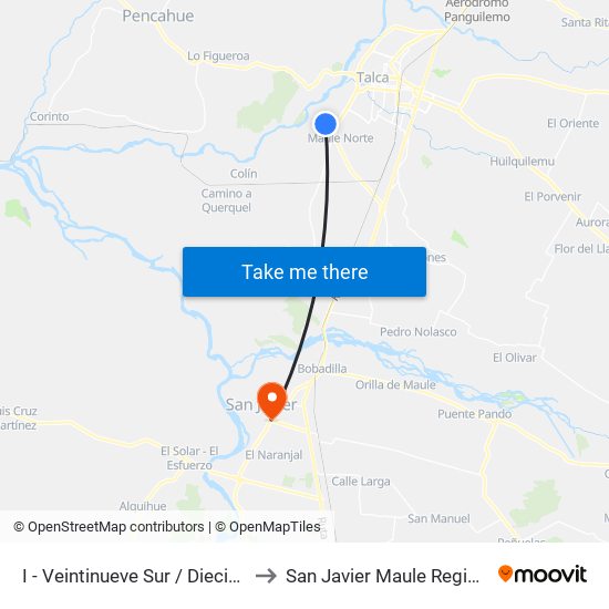 I - Veintinueve Sur / Dieciséis Pte to San Javier Maule Region Chile map