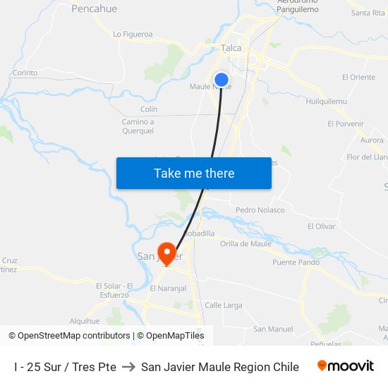 I - 25 Sur / Tres Pte to San Javier Maule Region Chile map